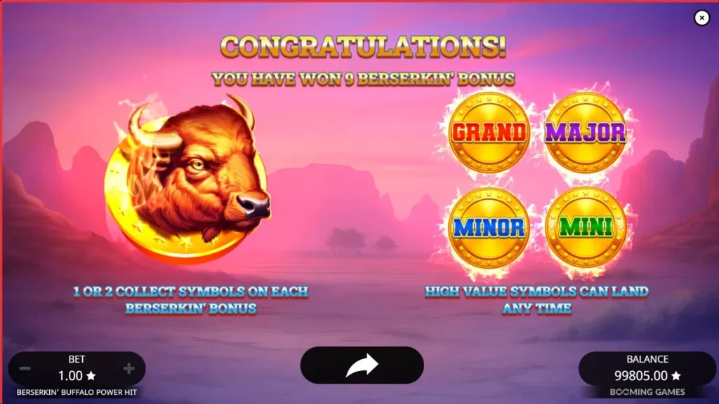Tampilan visual slot Beserkin’ Buffalo Power Hit dengan tema alam liar dan simbol hewan.