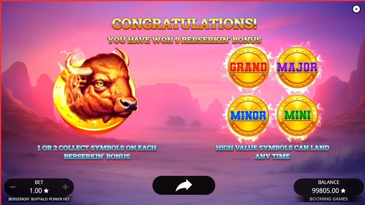Tampilan visual slot Beserkin’ Buffalo Power Hit dengan tema alam liar dan simbol hewan.