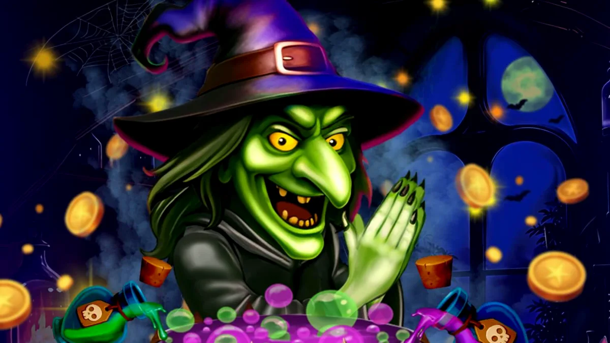 Tampilan visual slot Witches’ Fortune: Hold & Win dengan tema sihir dan ramuan.